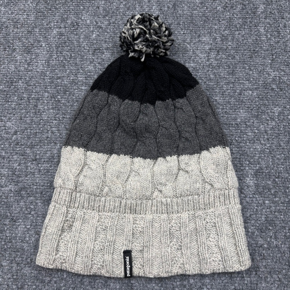 Patagonia Pom Beanie Women OS Glacier Stripe: Drifter Grey Cable Knit Wool Blend